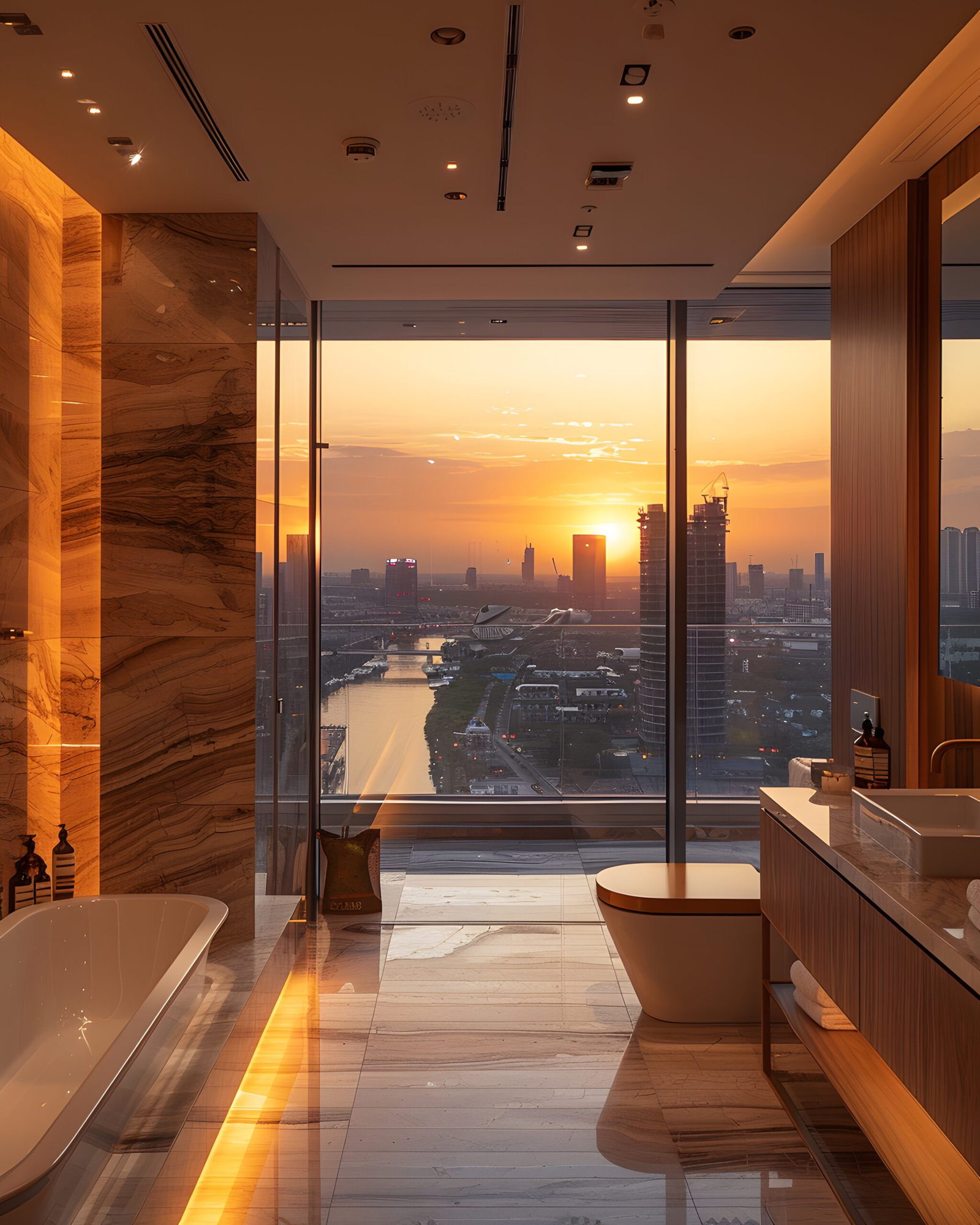 Home highend luxury bathroom highrise building looks comfortable with large mirror city view outside is very beautiful ideal use as design inspiration designers property owners
