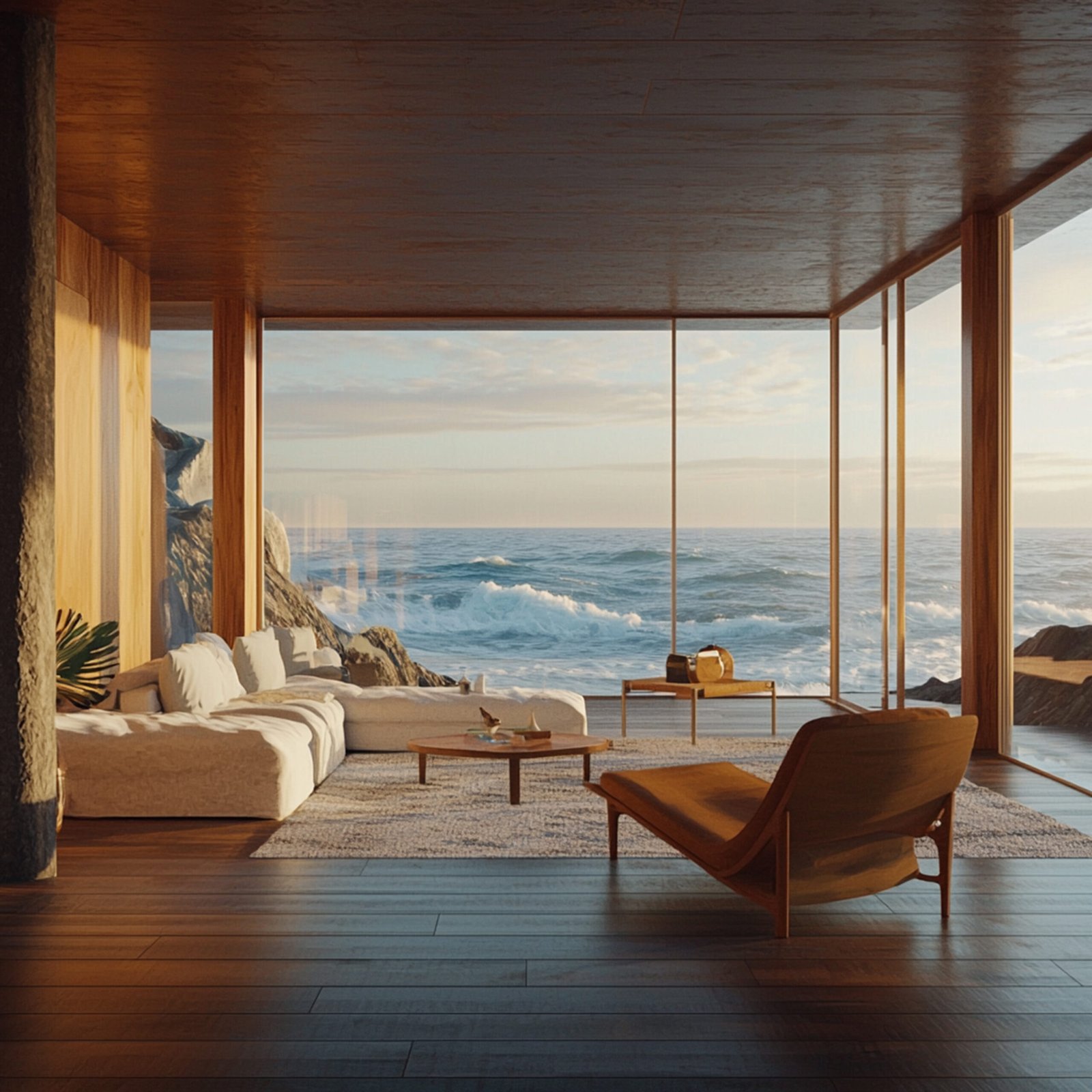 Home living room with sea view wooden flooring presented seamless looping animation ar 169