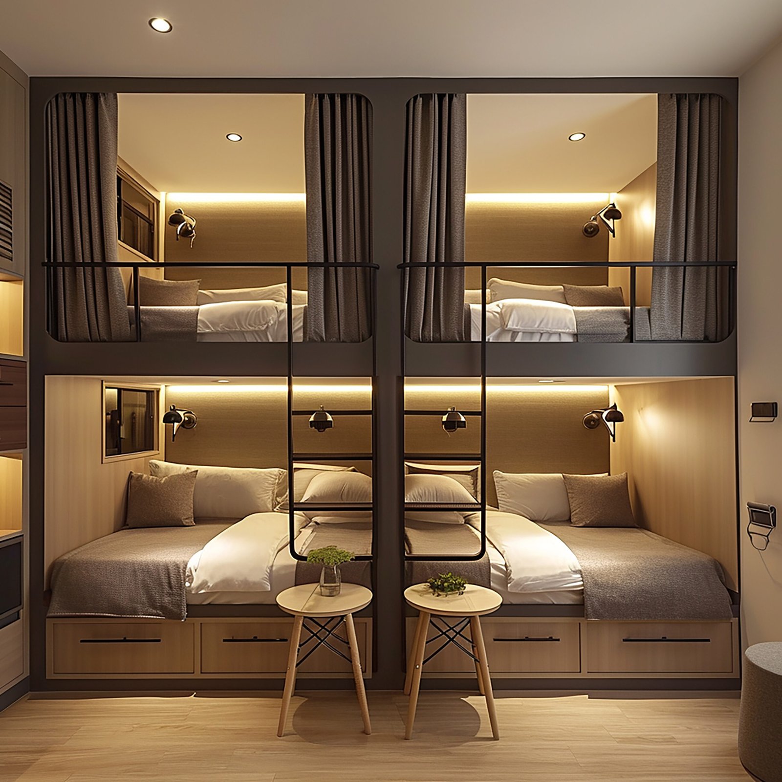 Home room with bunk beds shelf with word no bottom
